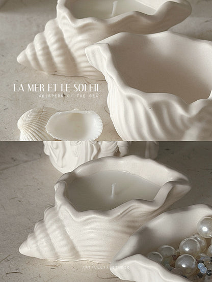 Shell Vessel Scented Candle | Silent Grove - Geranium, Cedarwood, Sandalwood | Handcrafted Stone Shell Vessel & Catch-All Tray