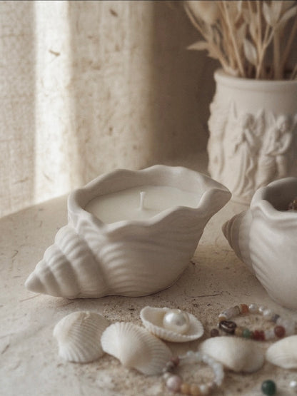 Shell Vessel Scented Candle | Silent Grove - Geranium, Cedarwood, Sandalwood | Handcrafted Stone Shell Vessel & Catch-All Tray